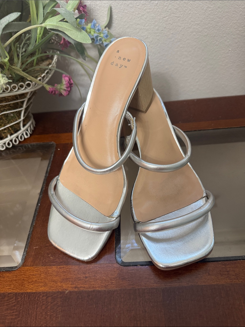 A New Day Metallic Silver TripleStrap Block Heel Sandals